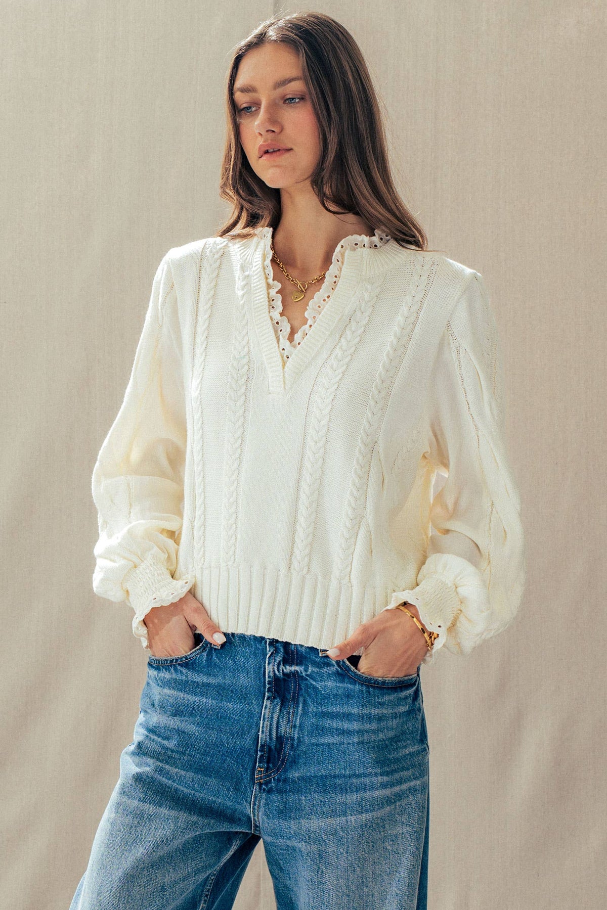 Elsie Lace Trim Cable Knit Sweater