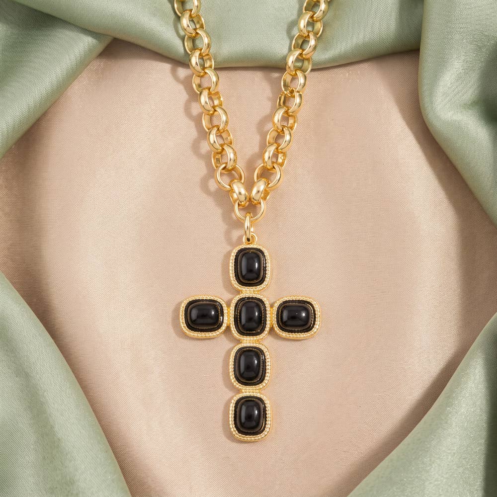 Cabochon Cross Pendant Rolo Chain Necklace