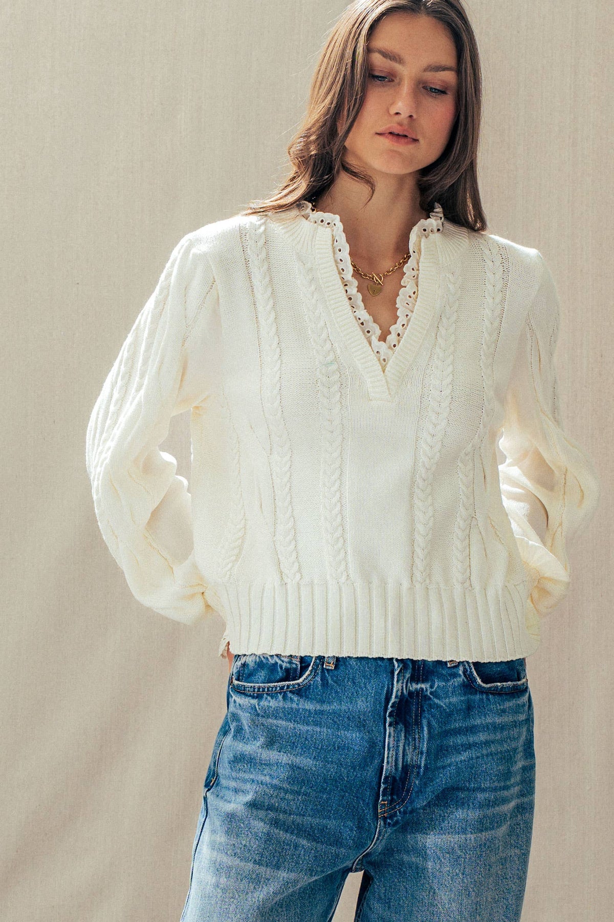 Elsie Lace Trim Cable Knit Sweater
