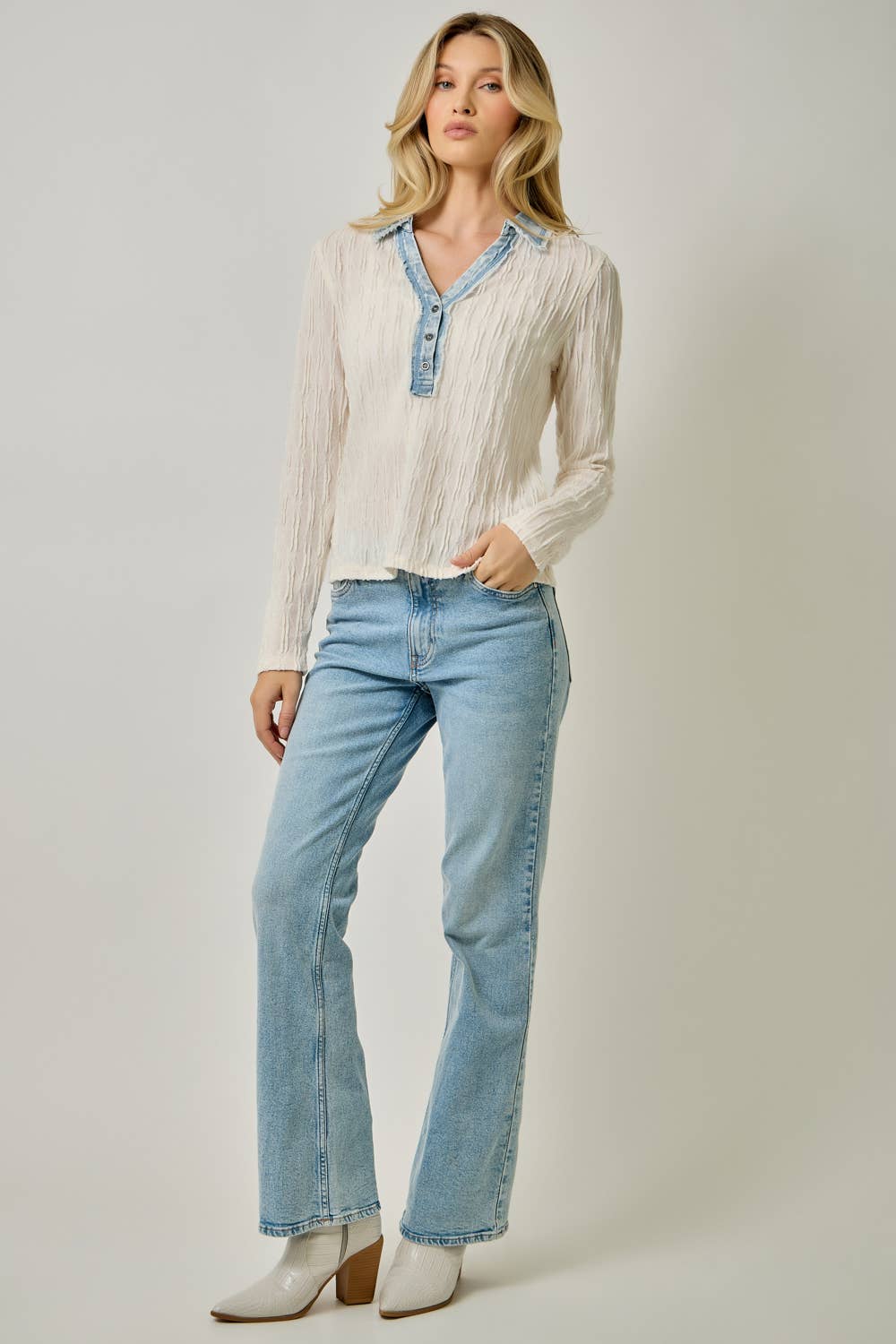 Denim Mix Textured Knit Henley Top