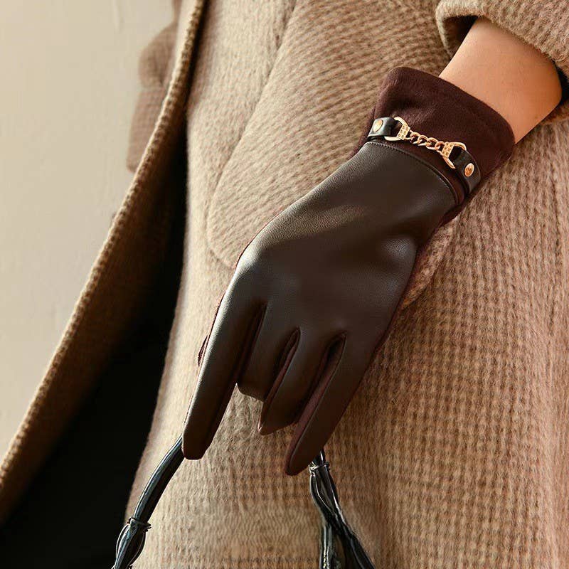Gold Chain Detail Faux Leather Gloves
