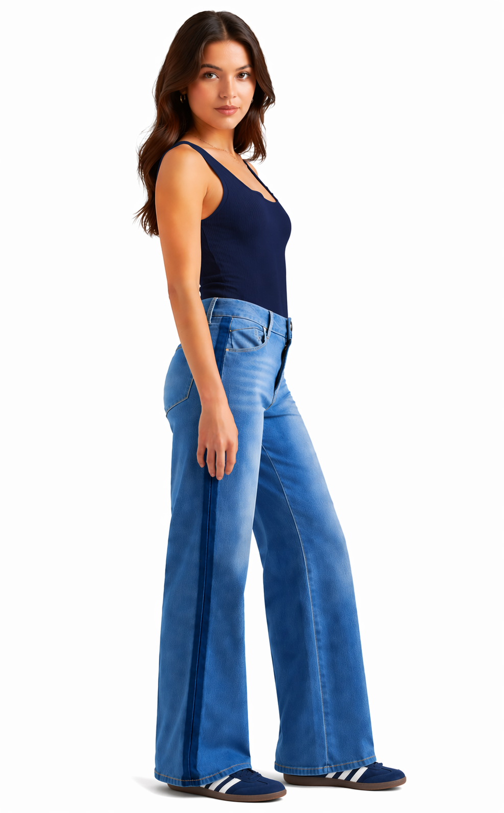 Wide leg jeans with stripes and soft touch fabric.