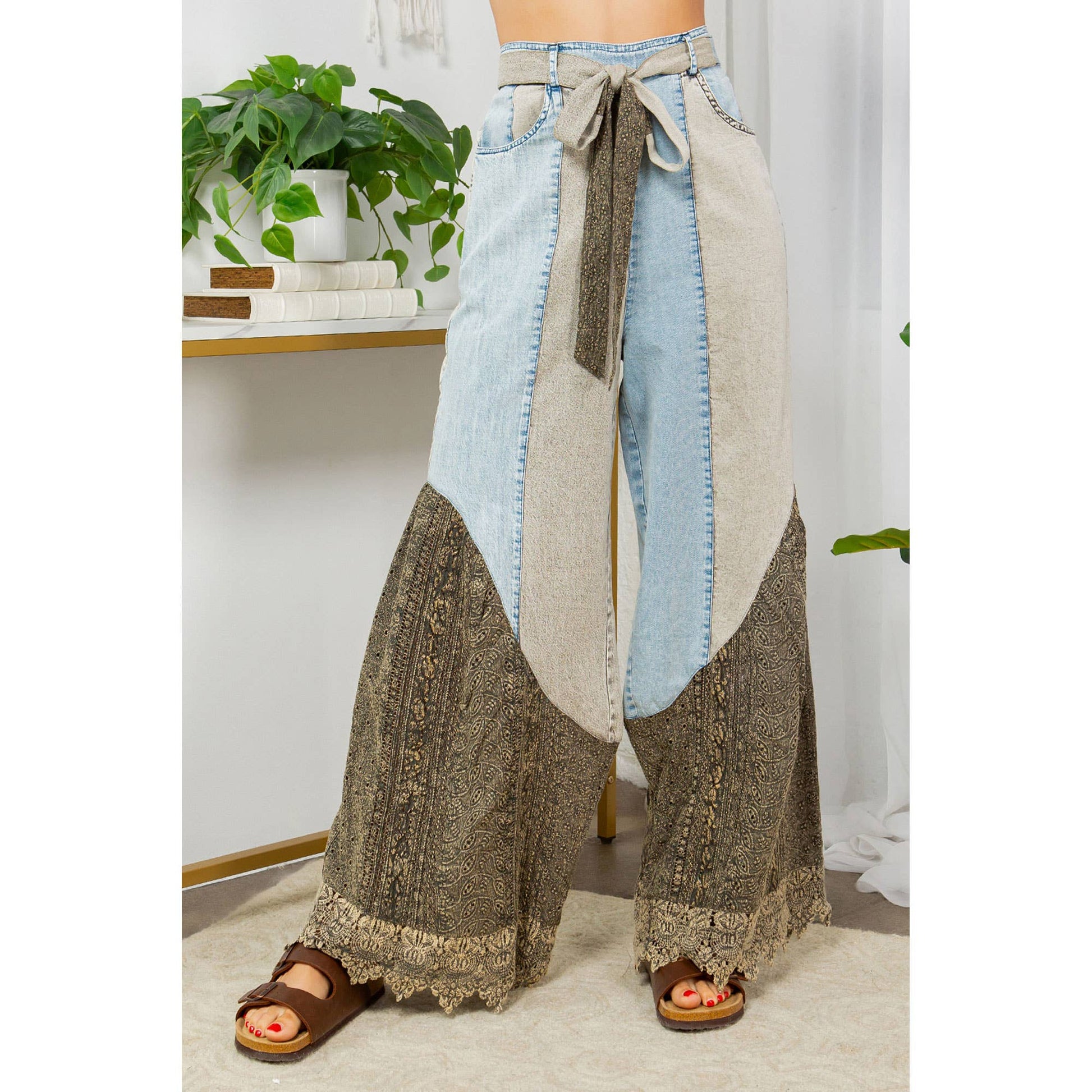Boho Lace Rhapsody Denim and Lace Flare Pants