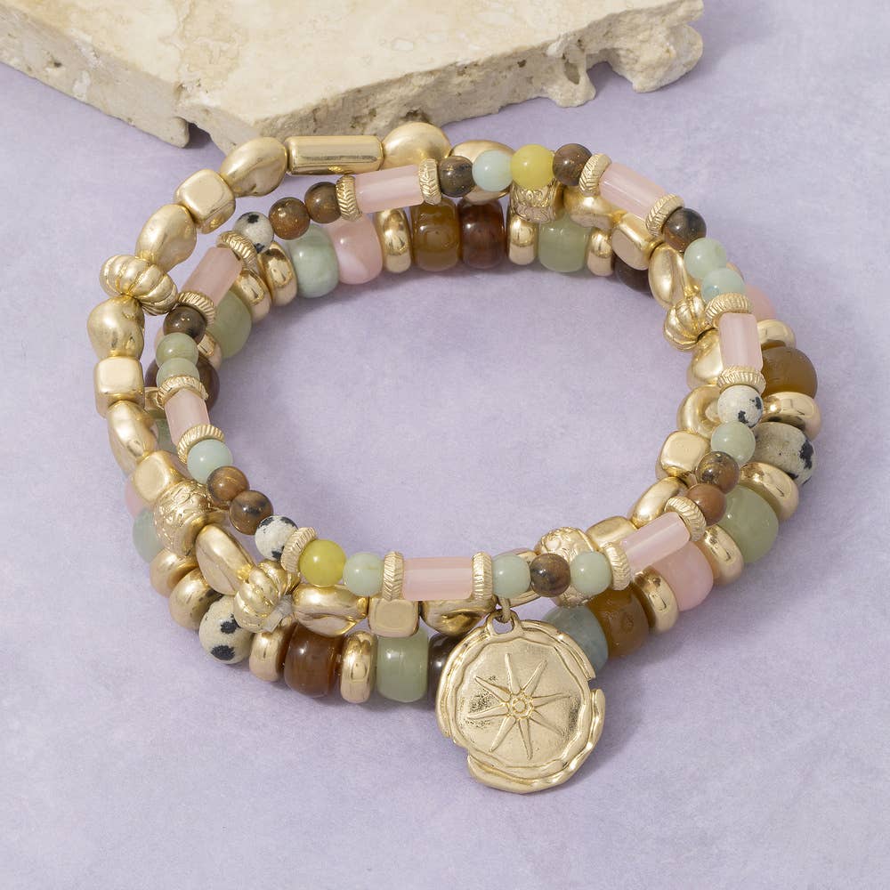 Three Strand Semi Stone Tube Bead Coin Bracelet