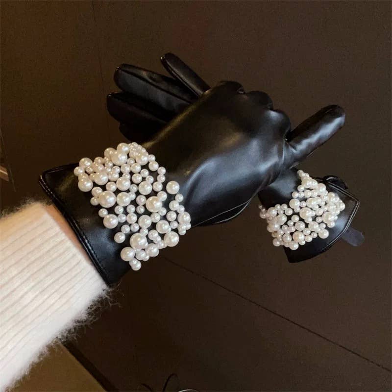 Black Faux Leather Gloves with Pearl Detail