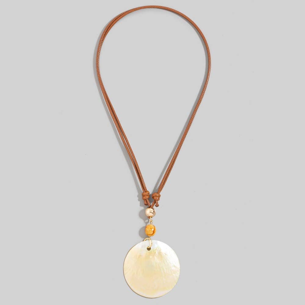 Large Sea Shell Disc Pendant And Beads Layered Cord Necklace