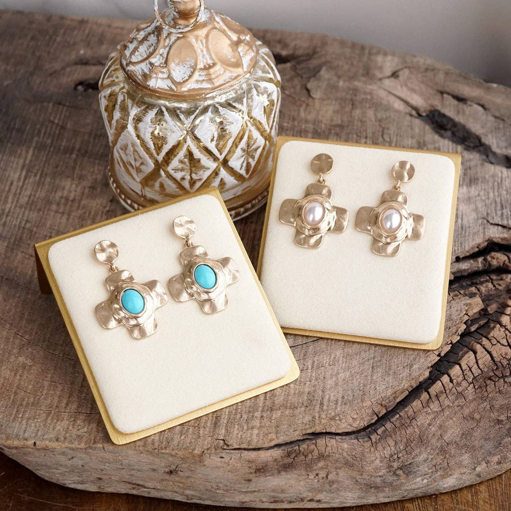 Sunlit Cross – Hammered Cabochon Earrings