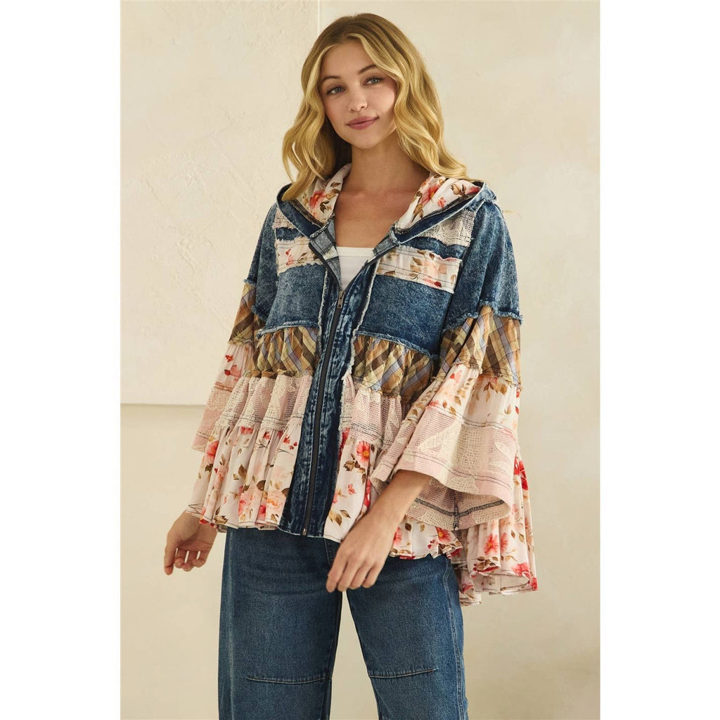 BOHO RUFFLE HOODED LACE DENIM  AND FLORAL PRINT MIX JACKET
