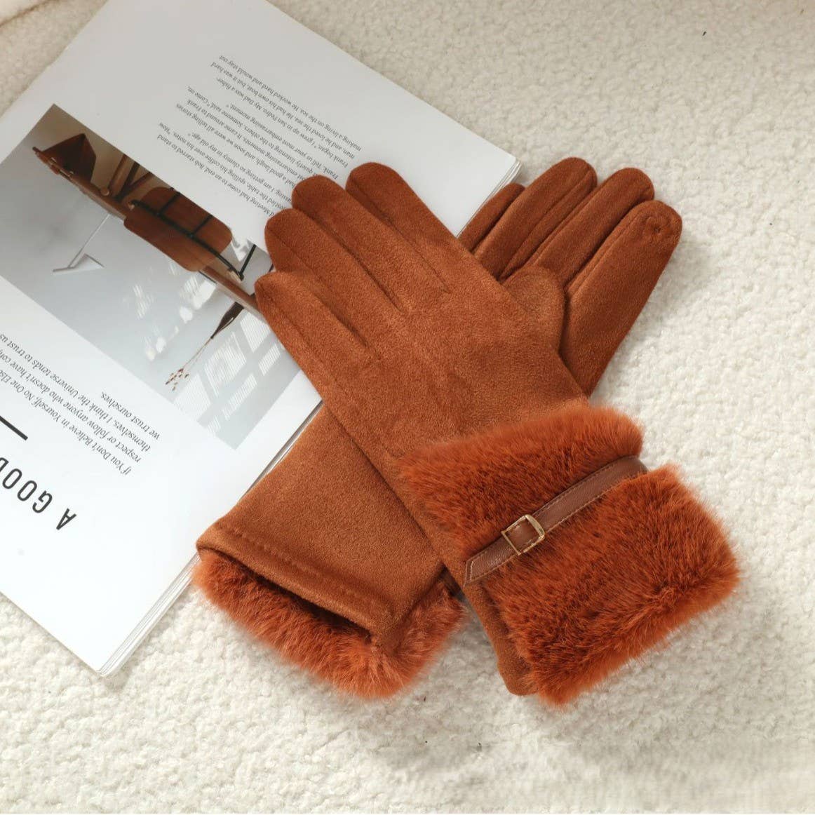 Faux Suede Gloves with Fur and Belt Accent