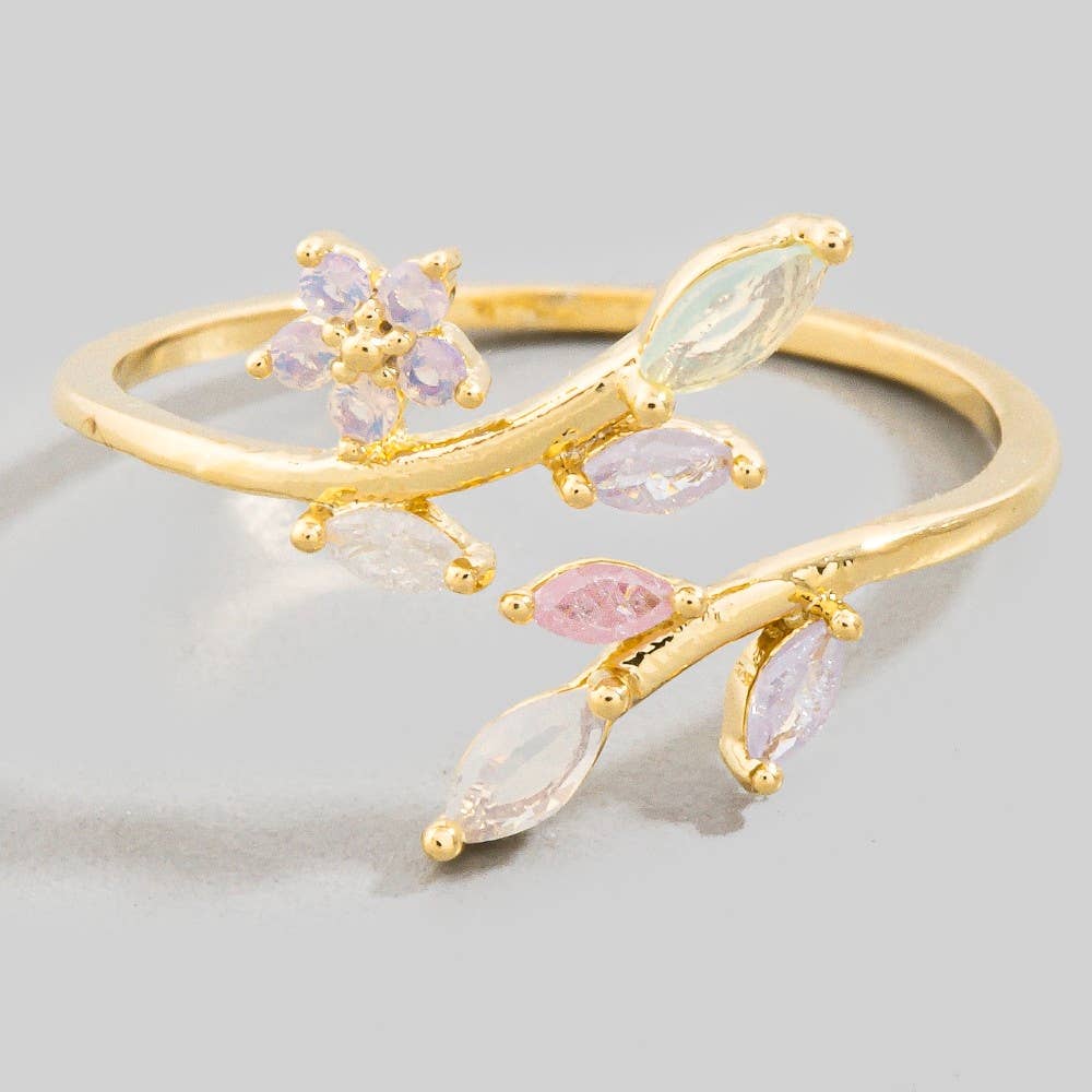 Layered Cz Leaf Branch Open Band Ring