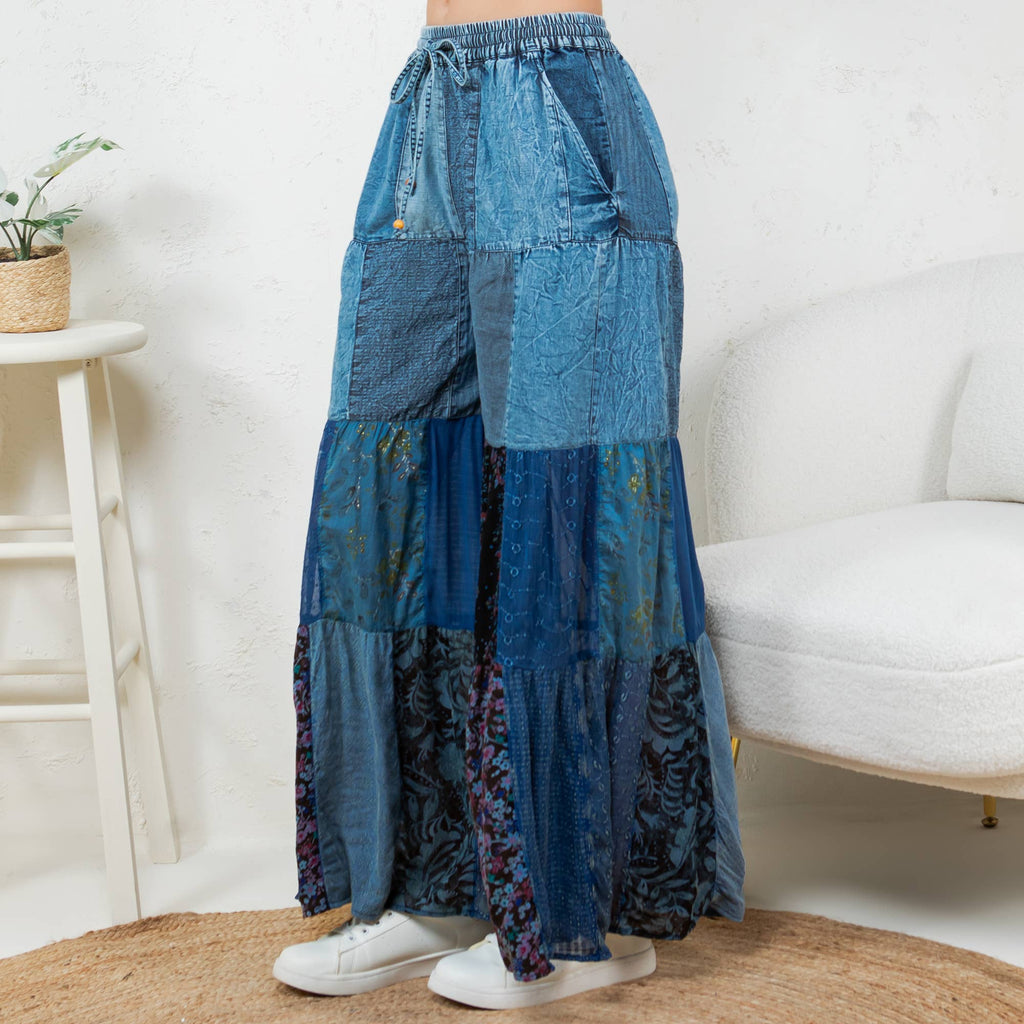 Boho Tiered Patch Inserted Denim Lace & Knit Pants