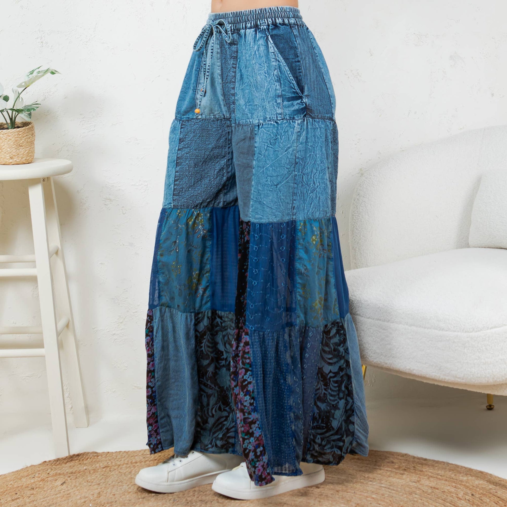 Boho Tiered Patch Inserted Denim Lace & Knit Pants