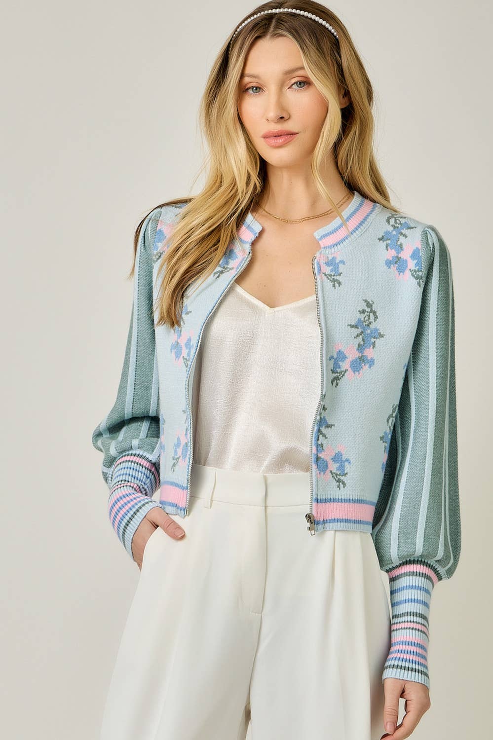 Sweater Floral Zip Bomber Jacket