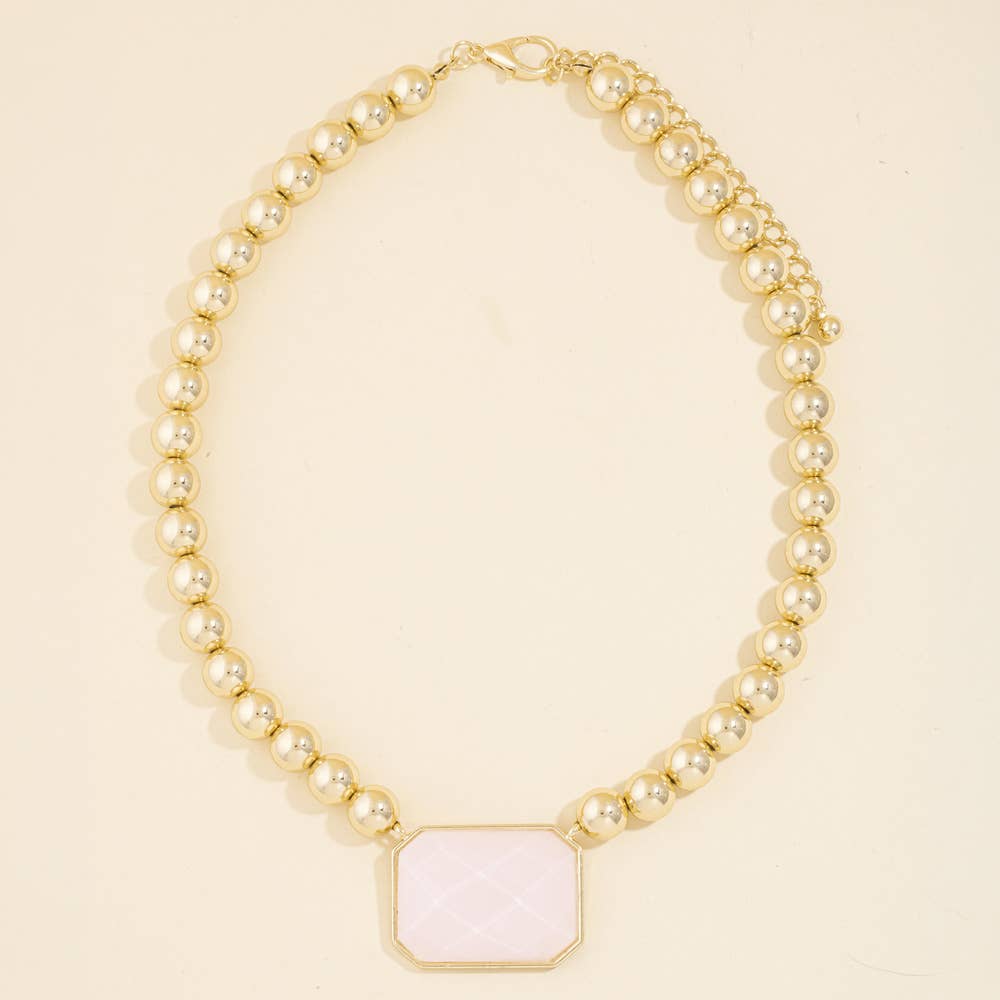 Bead Chain Necklace With Faceted Stone Pendant
