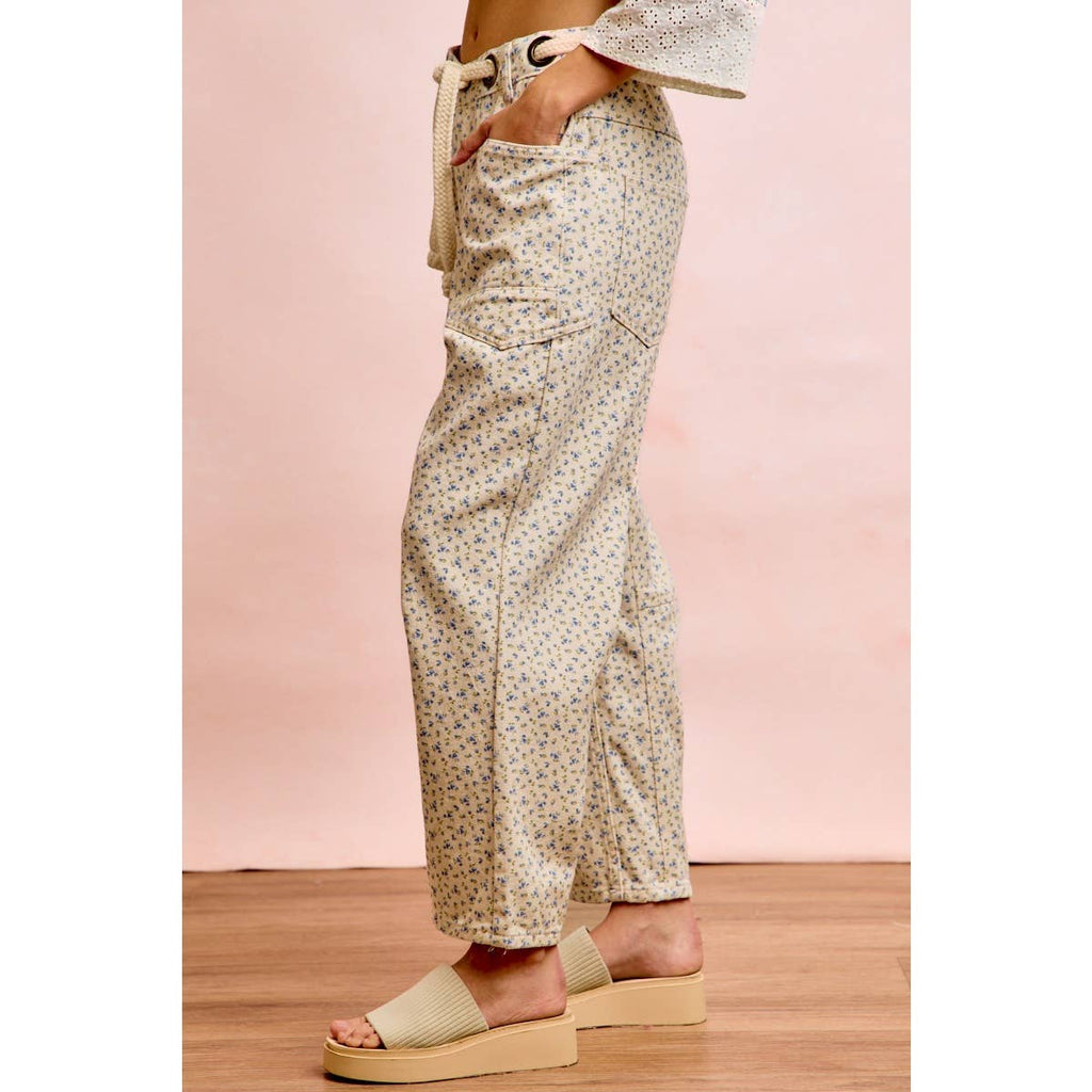 BRAIDED WAIST BELT PATCH POCKETS FLORAL PRINT PANT