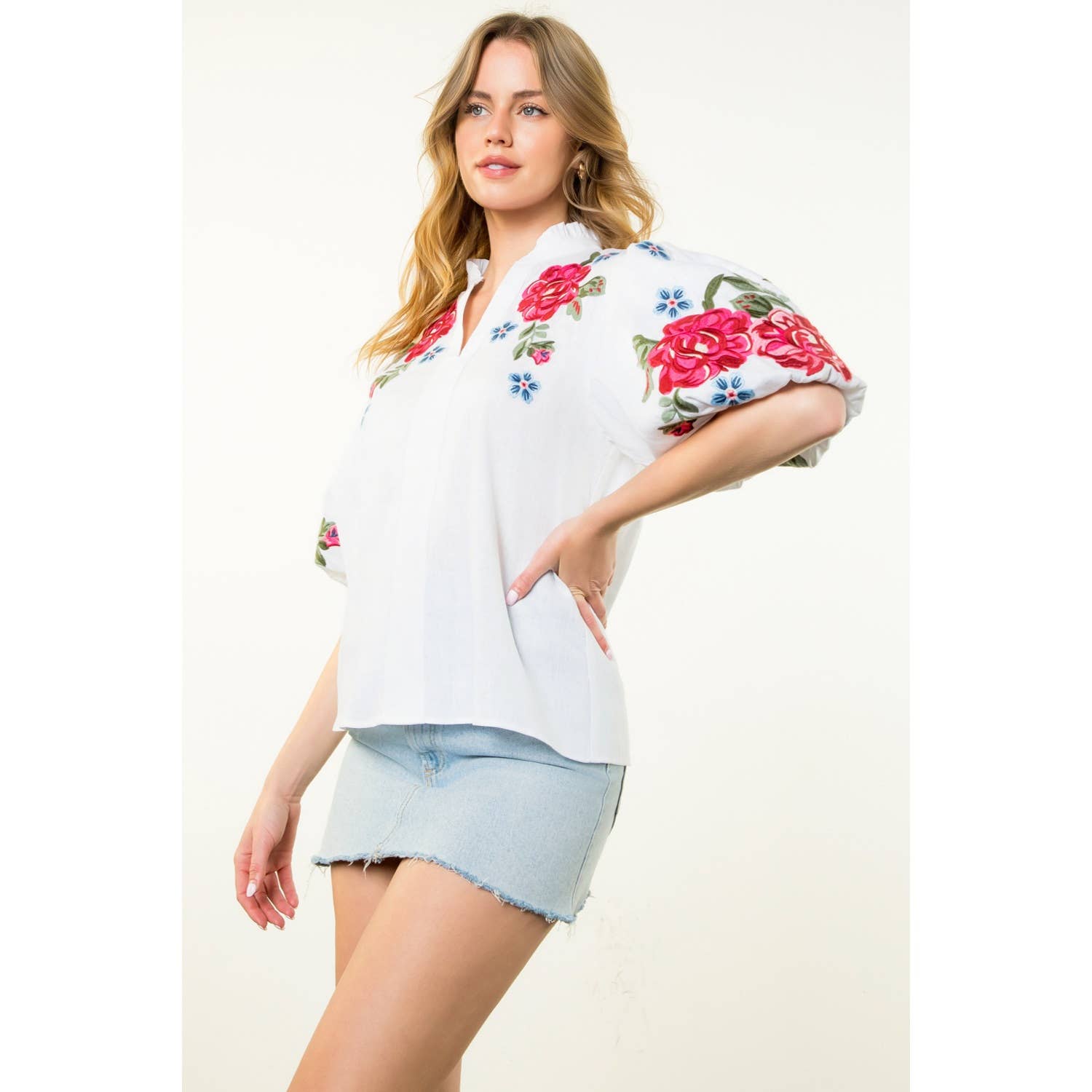 Flower Embroidered Puff Sleeve Top