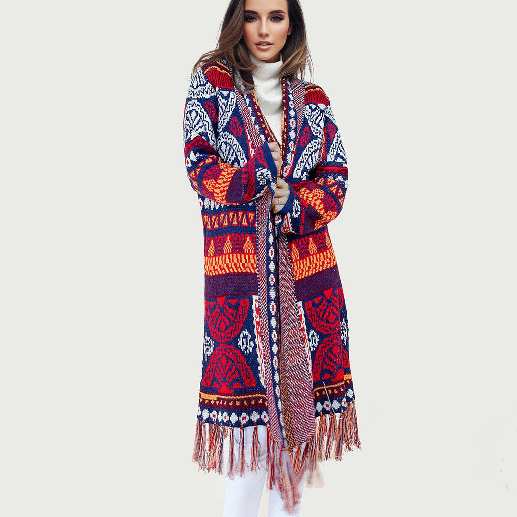 Navy and Red Aztec Print Long Sleeve Cardigan Sweater