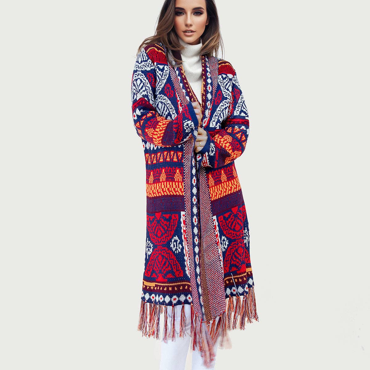 Navy and Red Aztec Print Long Sleeve Cardigan Sweater