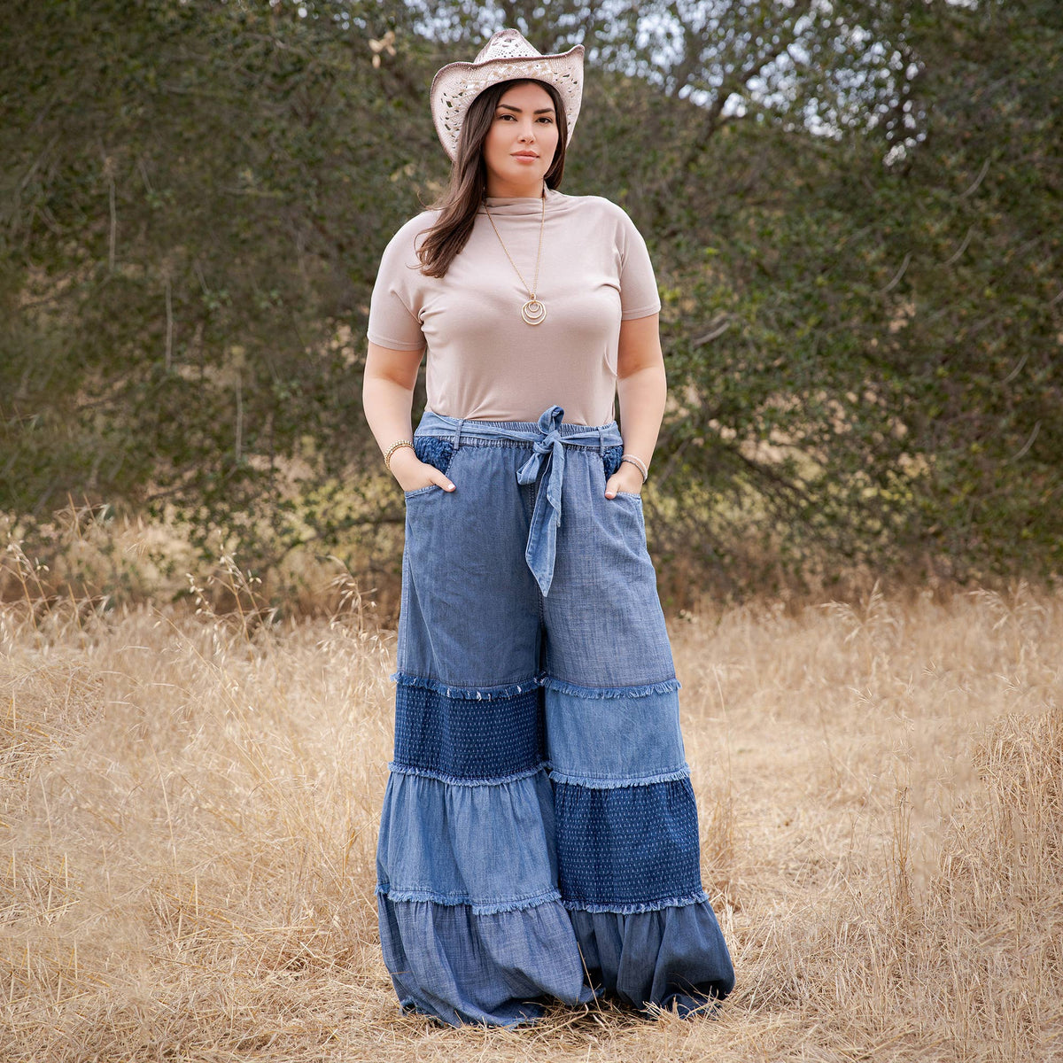 Patchwork Tiered Denim Flare Pants
