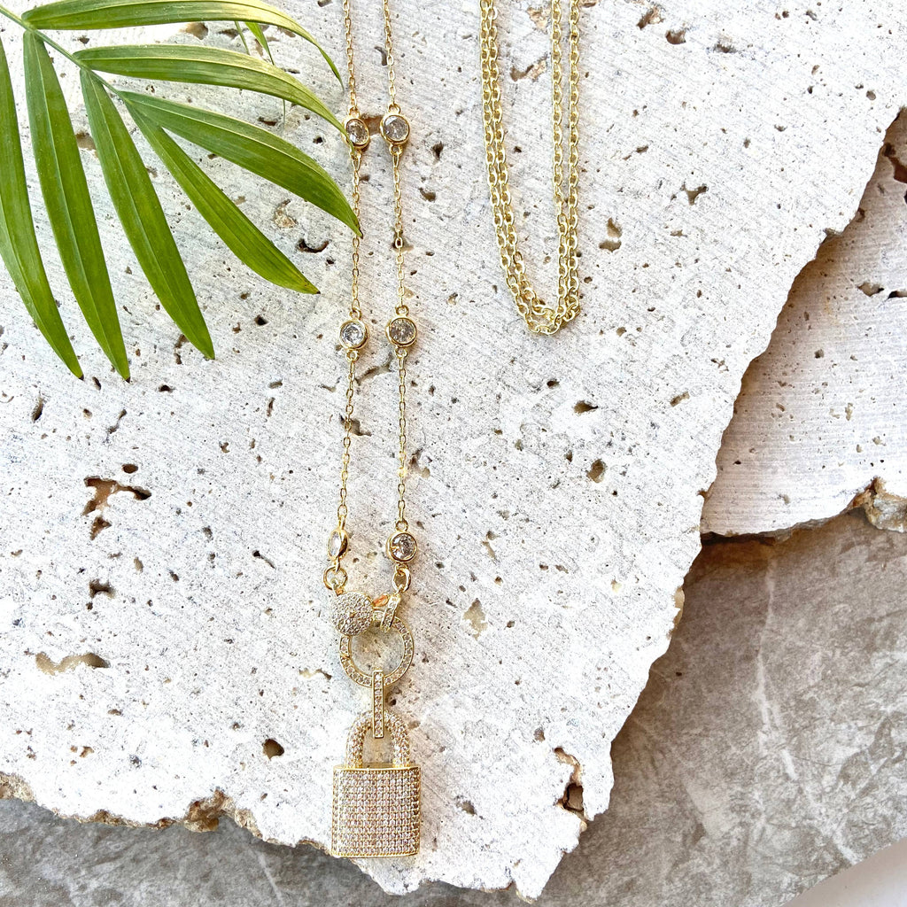 Micro Paved Gold Lock Necklace w/ Crystal
