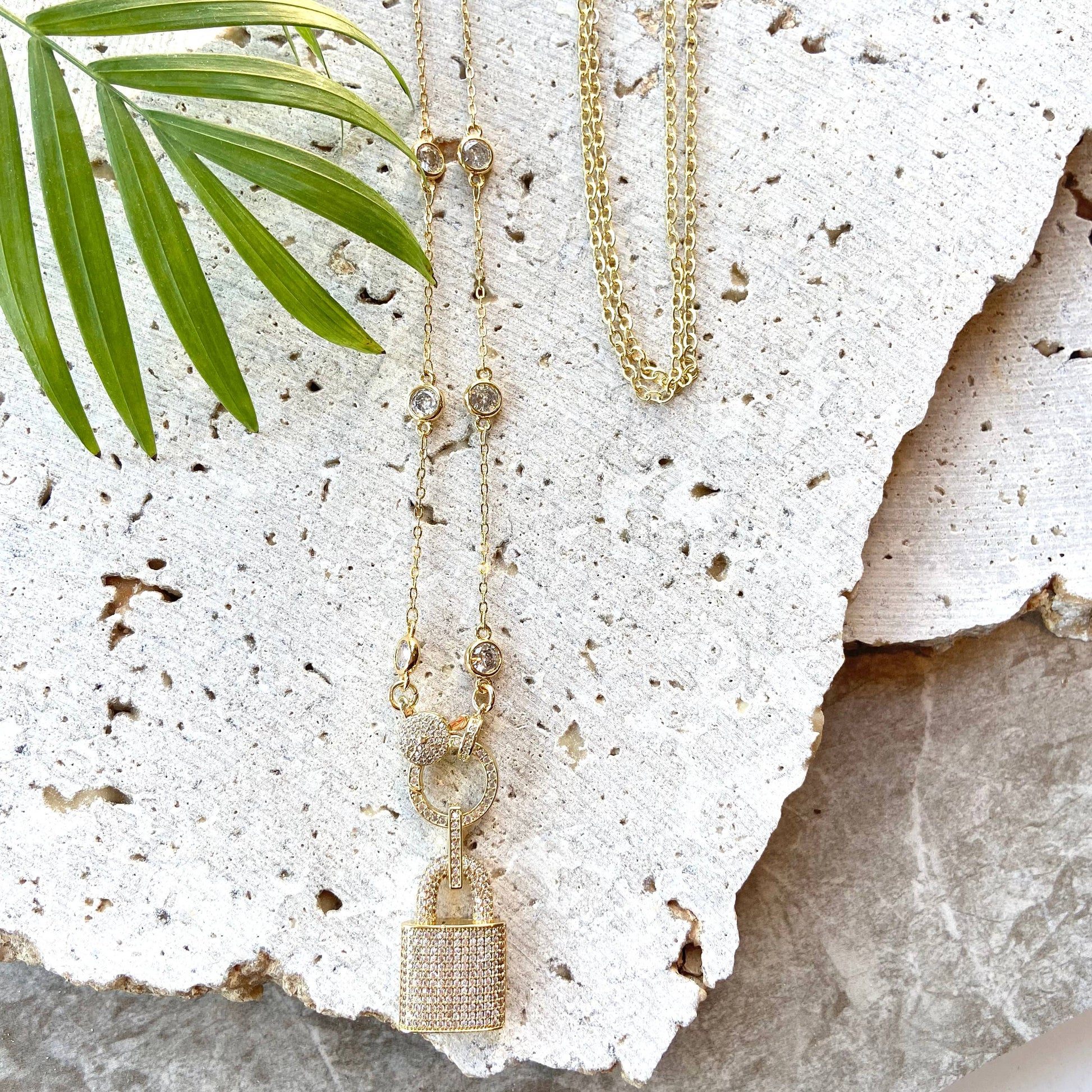 Micro Paved Gold Lock Necklace w/ Crystal