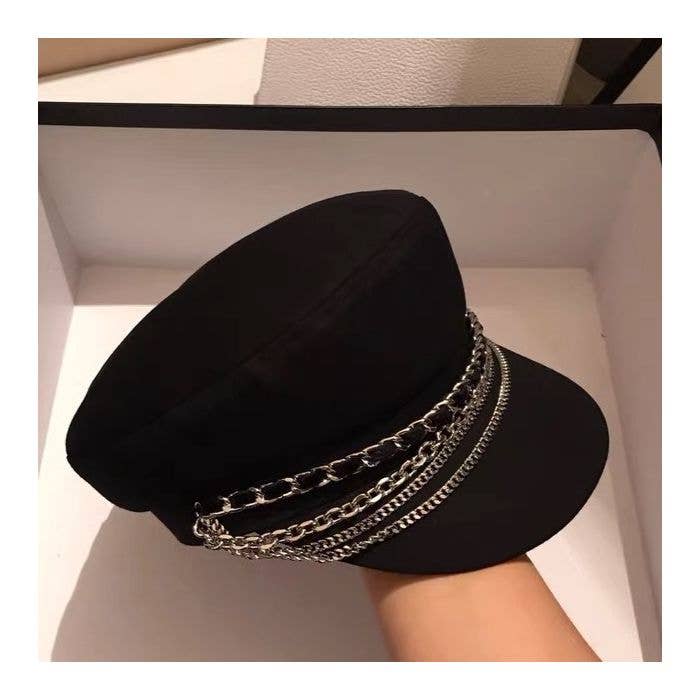 Stylish Black Baker Boy Hat with Chains