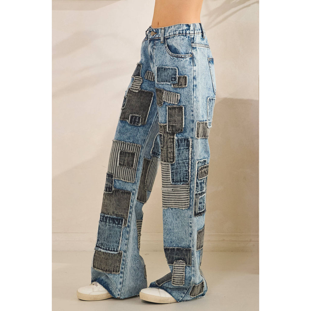 MULTI COLOR SQUARE PATCHWORK STRAIGHT JEANS