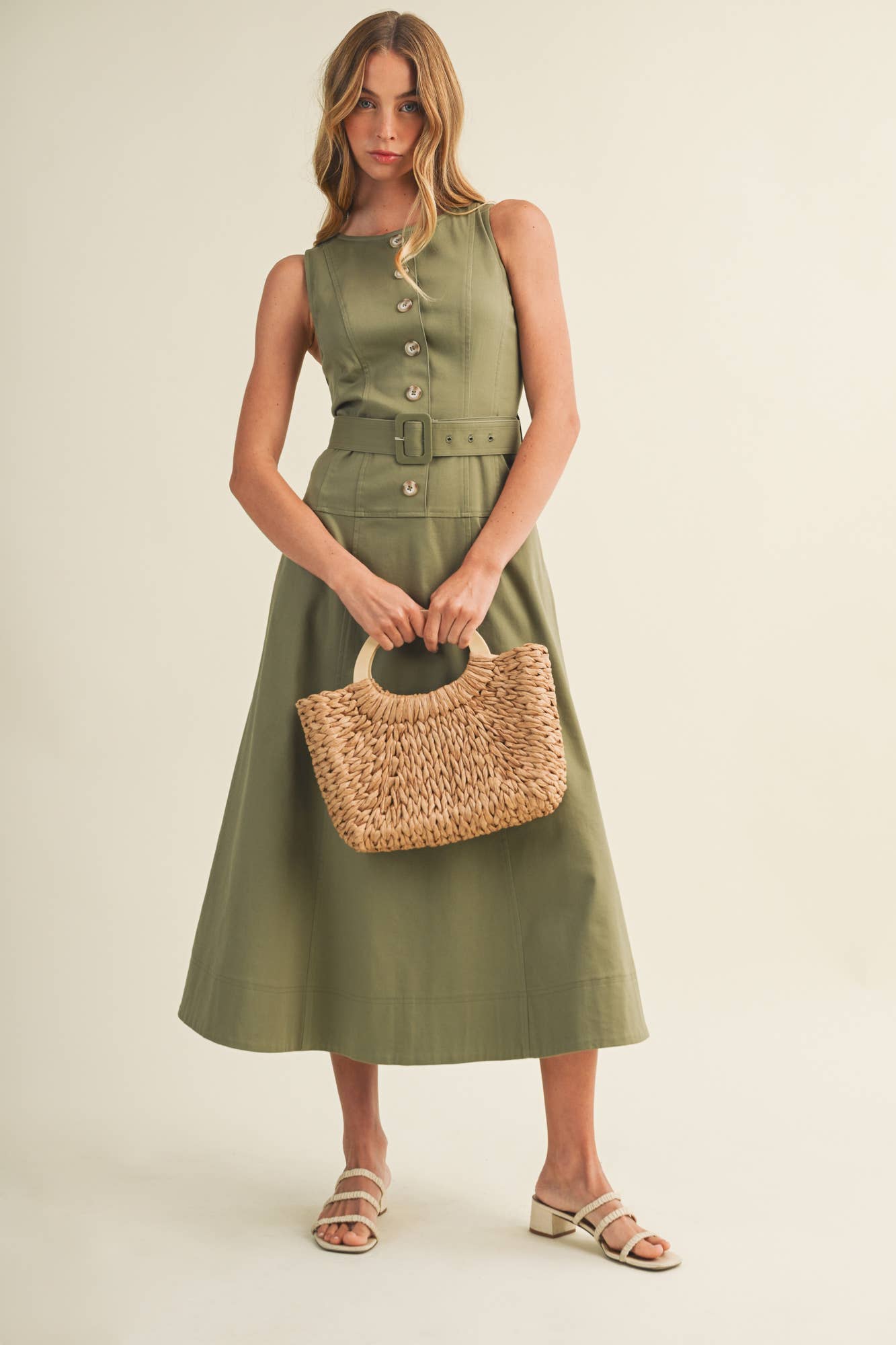 Buckle Belt Topstitch Maxi Dress