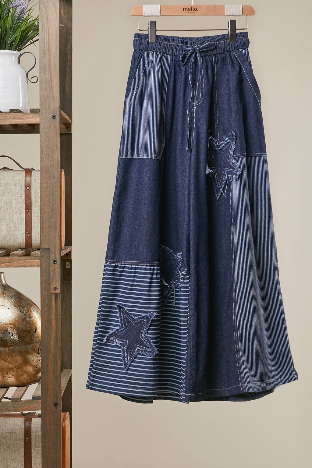 Frayed Star Patch Denim Wide Pants