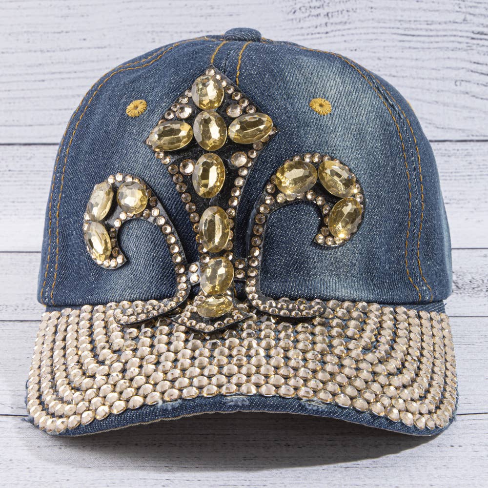Gem Fleur De Lis Rhinestone Bill Denim Baseball Cap