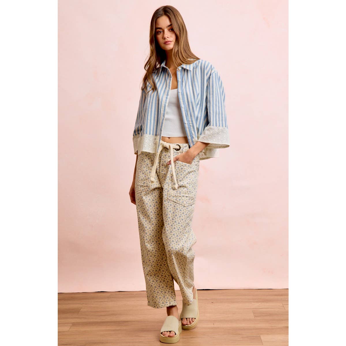 BRAIDED WAIST BELT PATCH POCKETS FLORAL PRINT PANT