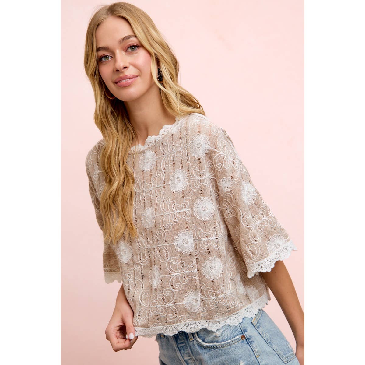Flower Embroidery and Lace Boho Casual Short Sleeve Top