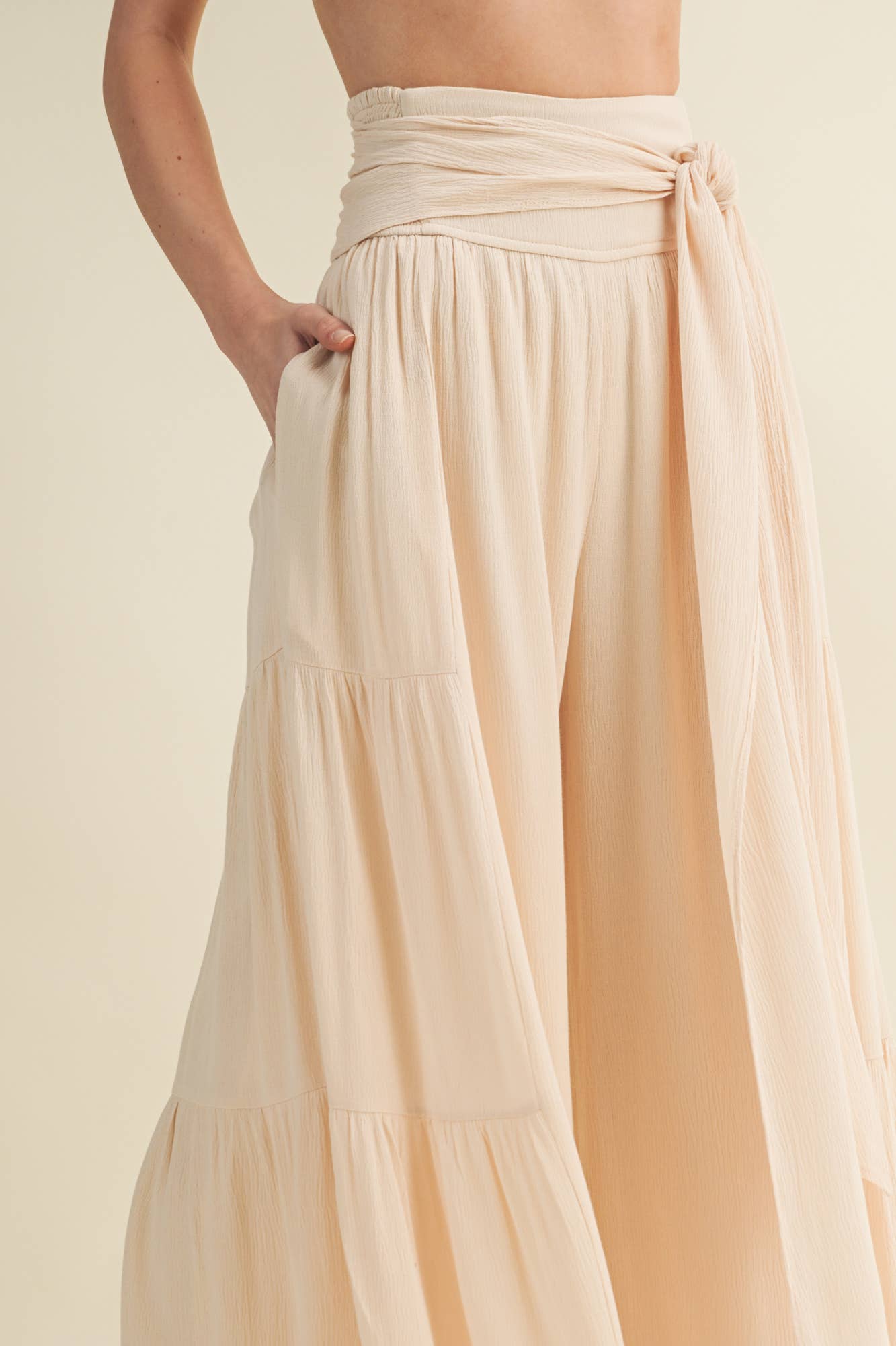 Smocked Tie-Waist Tiered Palazzo Pant