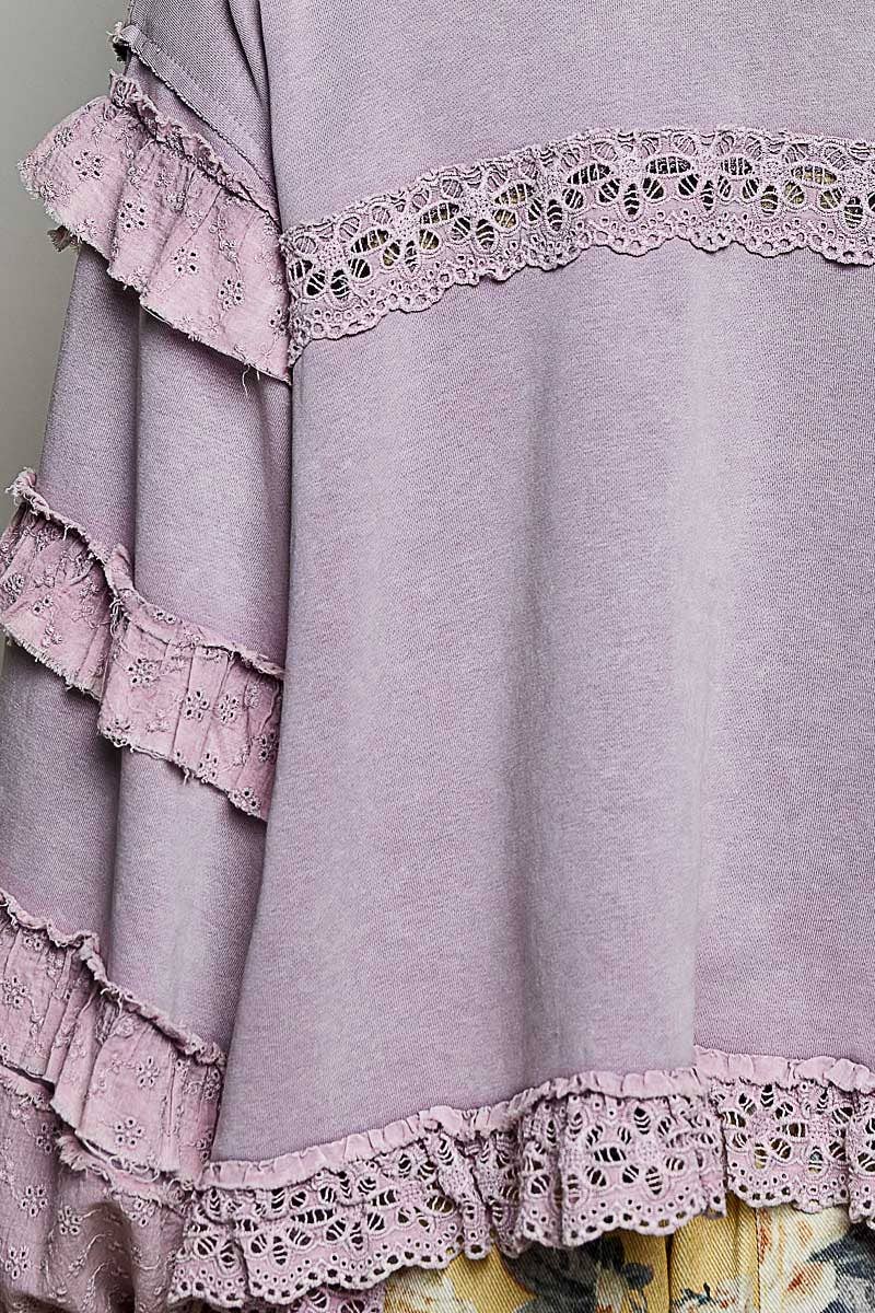 POL French Terry Eyelet Ruffle Vintage Washing Solid Knit Top