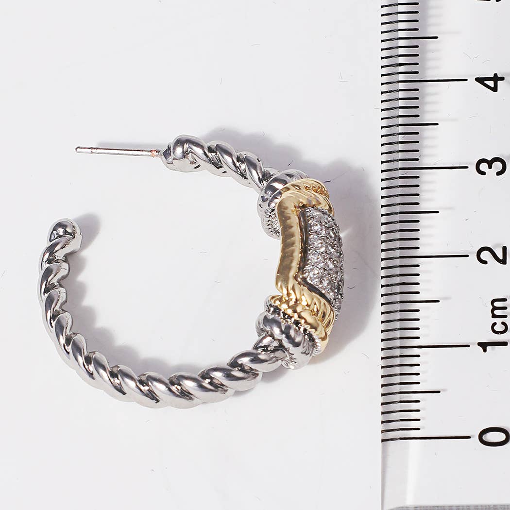 CZ Bar Twisted Hoop 14K Plated Post Earrings