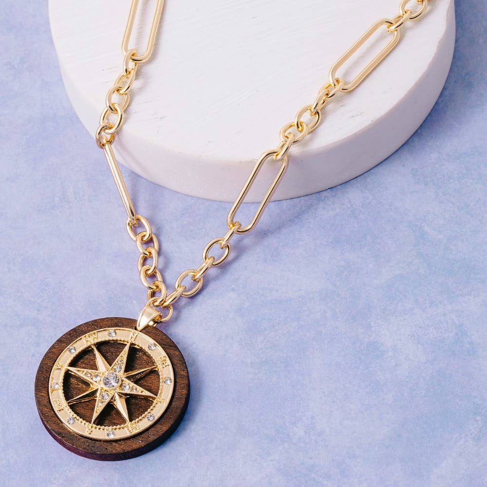 Paperclip Chain Cz Compass Star Medallion Pendant Necklace