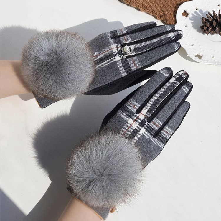 Checks Winter Gloves with Faux Fur Pompom