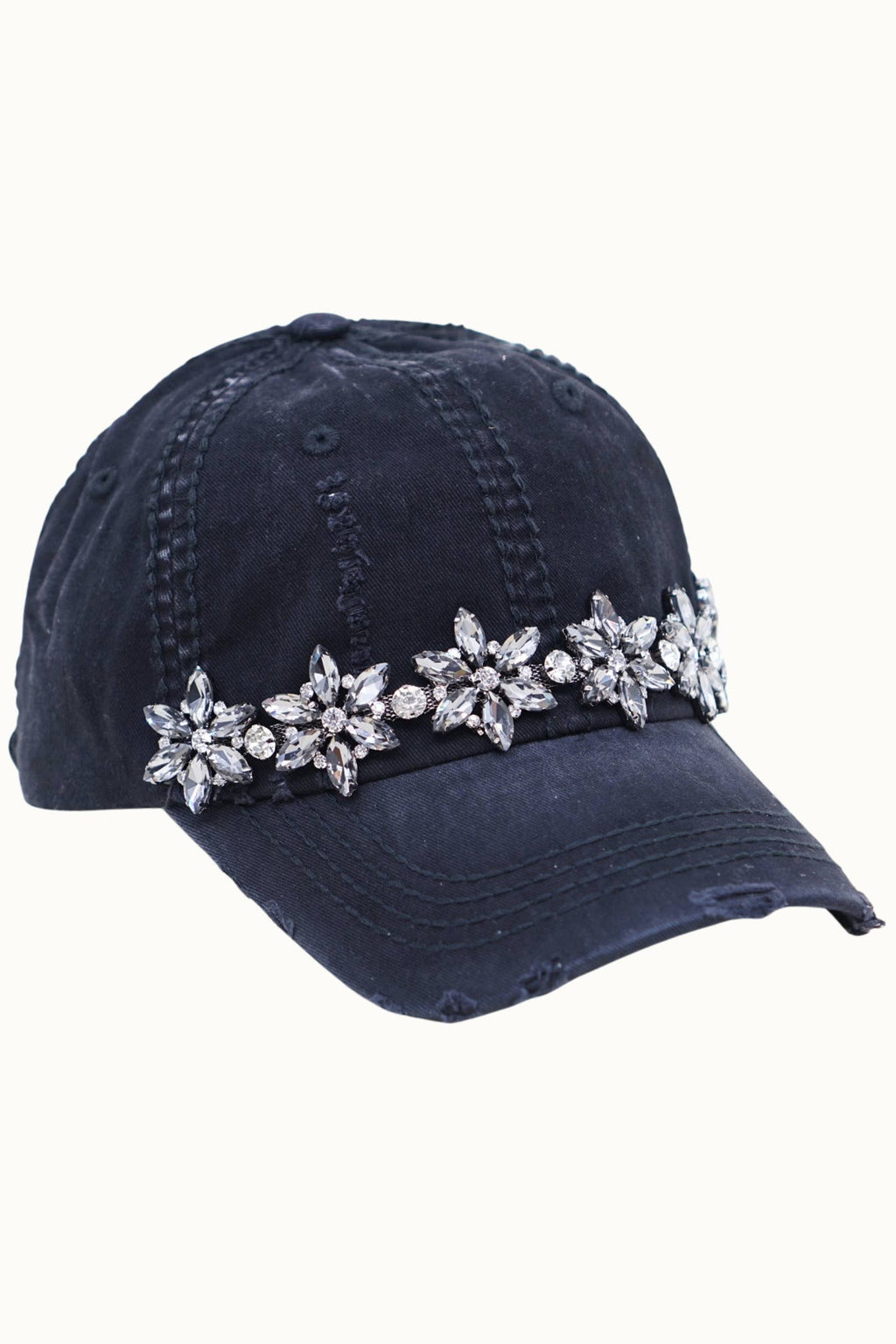 Bejeweled Bling Glitz Distressed Cap, Adjustable