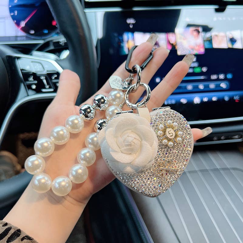 Heart Mirror Keychain with Flower and Pearl Charm 60261