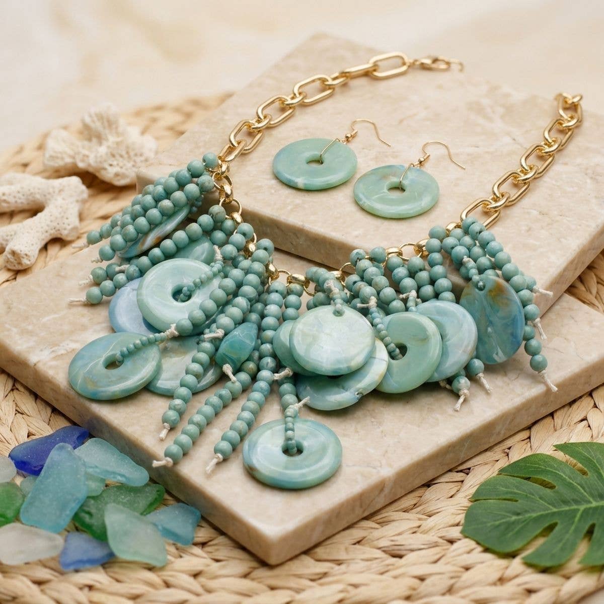 Turquoise Waterfall Fringe Tropical Necklace