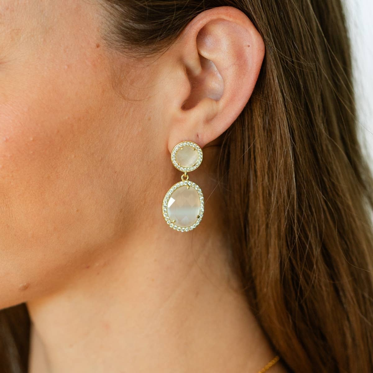 Clementine, Pave Stone Double Drop Earrings, Sale