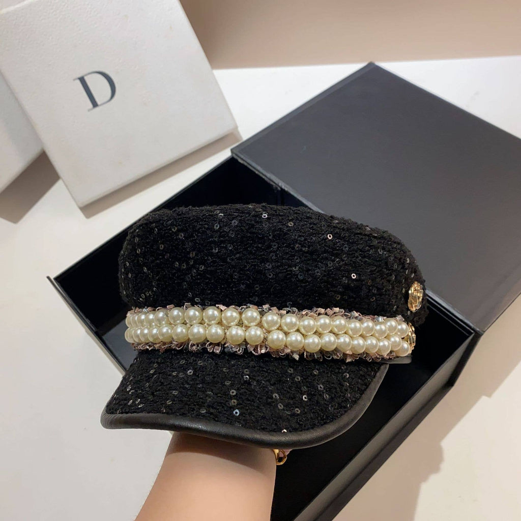 Luxury Pearl Beaded Sequin Hat in Black