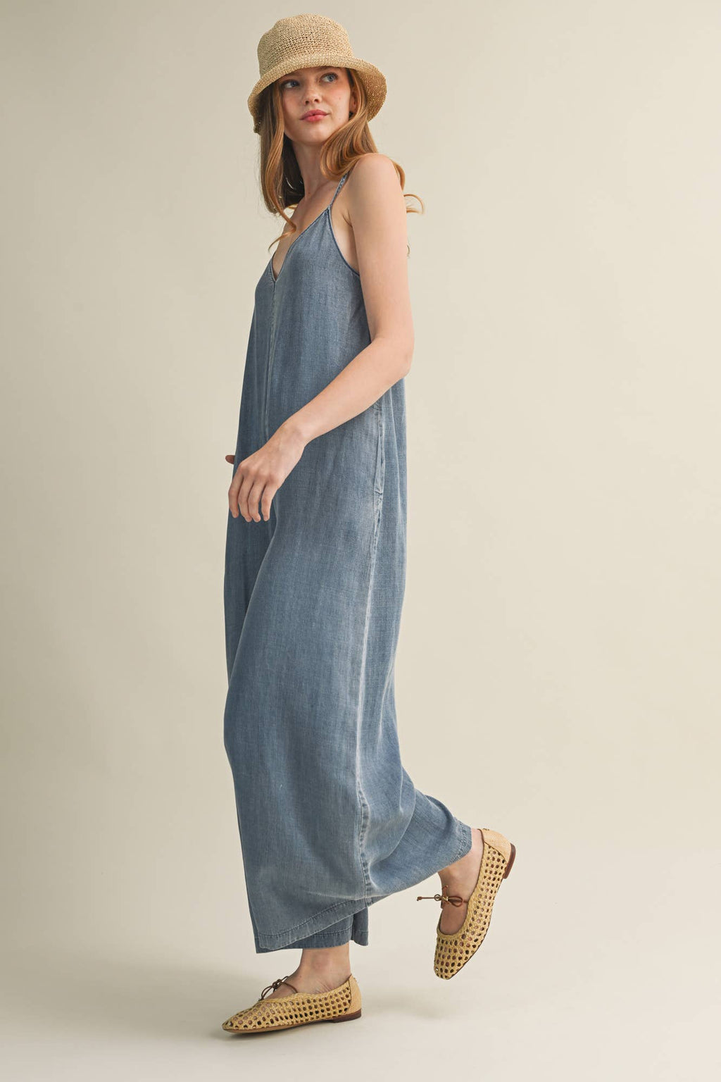 V-Neck Cami Washed Wide-Leg Jumpsuit