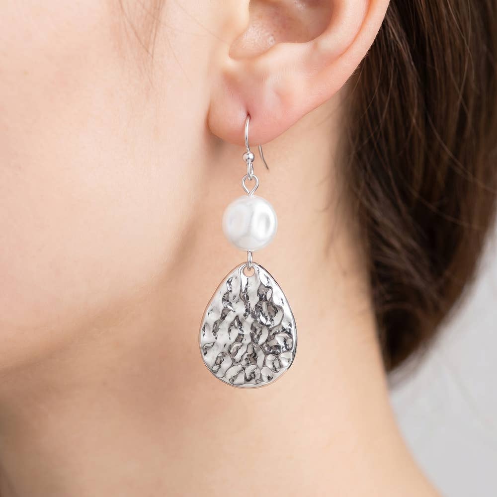 Pearl And Hammered Teardrop Drop Earrings