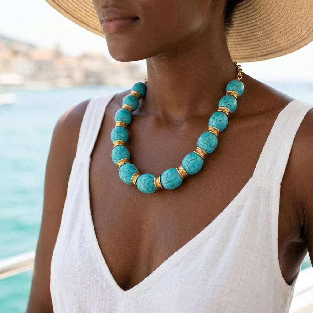 Chunky Turquoise Crackle & Gold Spacer Necklace
