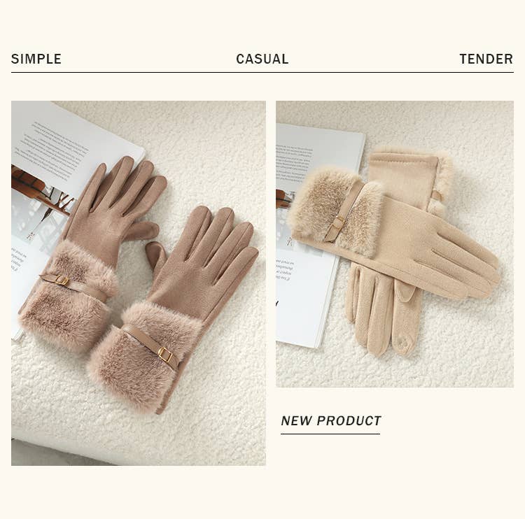 Faux Suede Gloves with Fur and Belt Accent