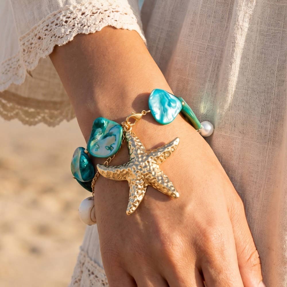 Marbled Shell Statement Bracelet With Starfish Pendant & Sea