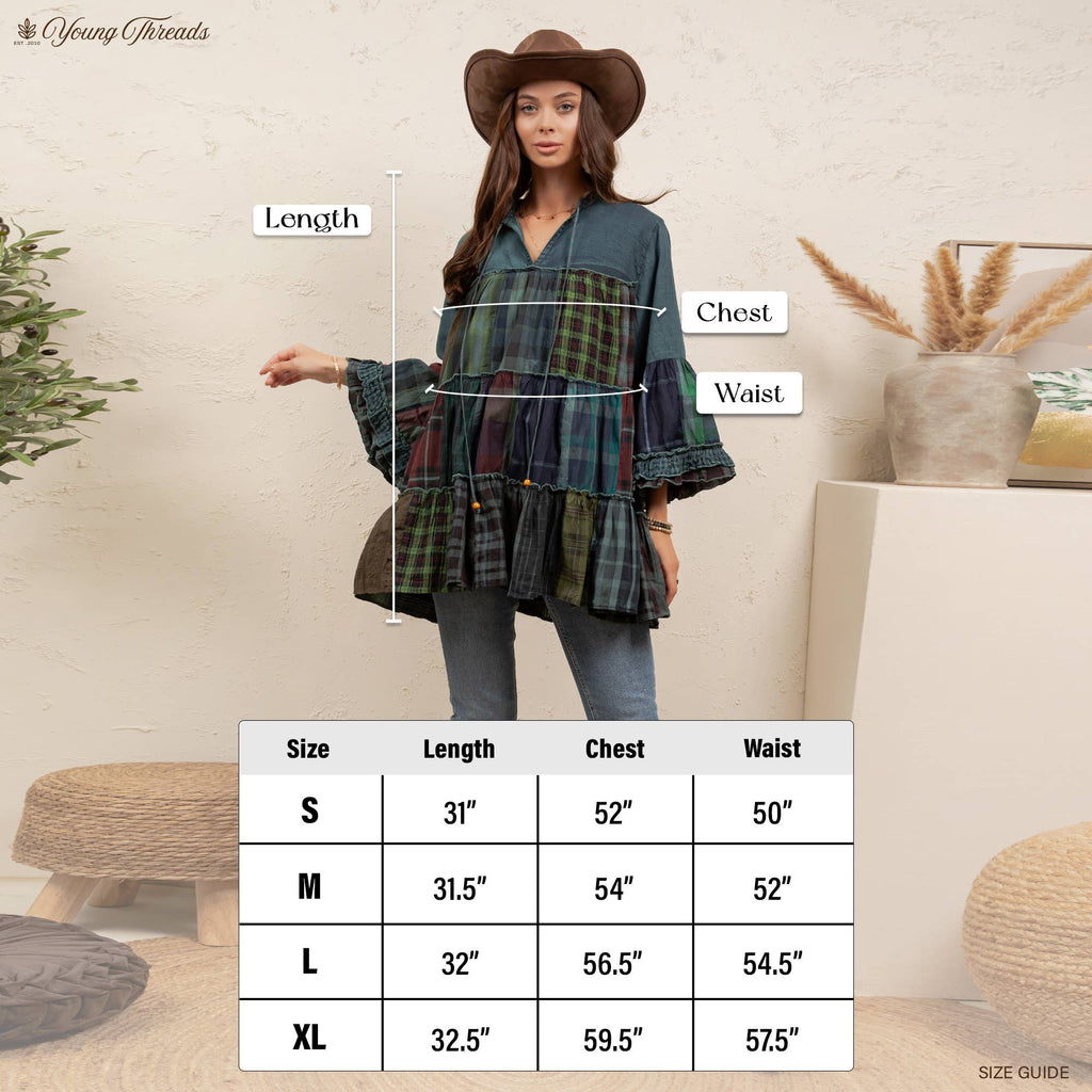 Boho Tiered Plaid Denim Patchwork Tunic -Bell Sleeve Top NEW