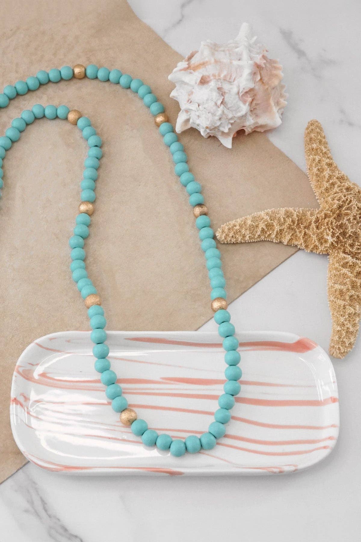 Long Wooden Bead Necklace with gold beads - Navy Blue Turquoise and Pink