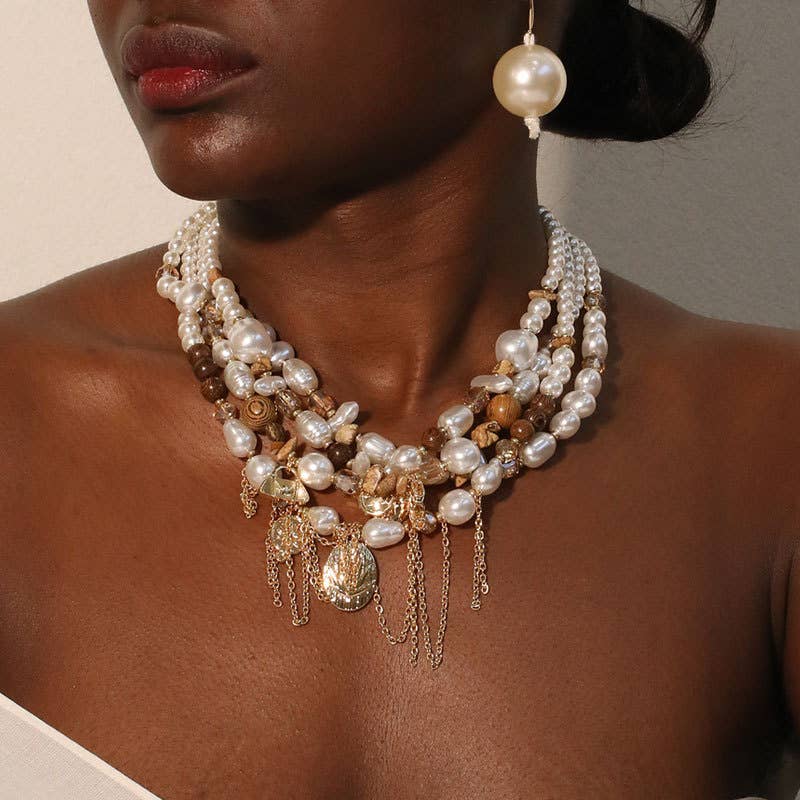 Multi-Layer Pearlies and Gold Charms Necklace